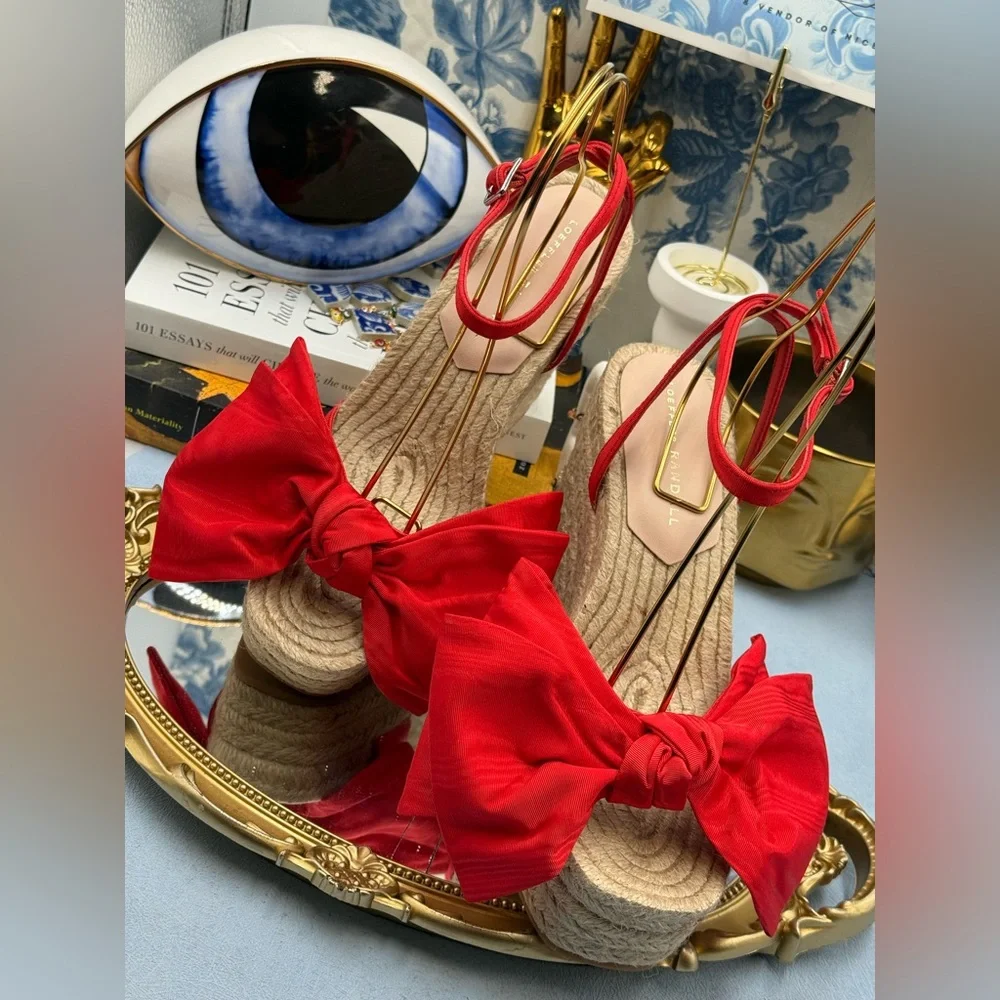 🆕 LOEFFLER RANDALL 🧿 NWOB Angelina Red Moiré Bow Wedge Espadrille, Sz 7